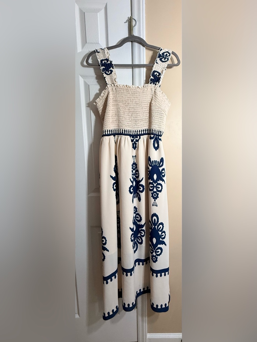 Cream Maxi Dress with Navy Embroidery - Picture 1 of 5